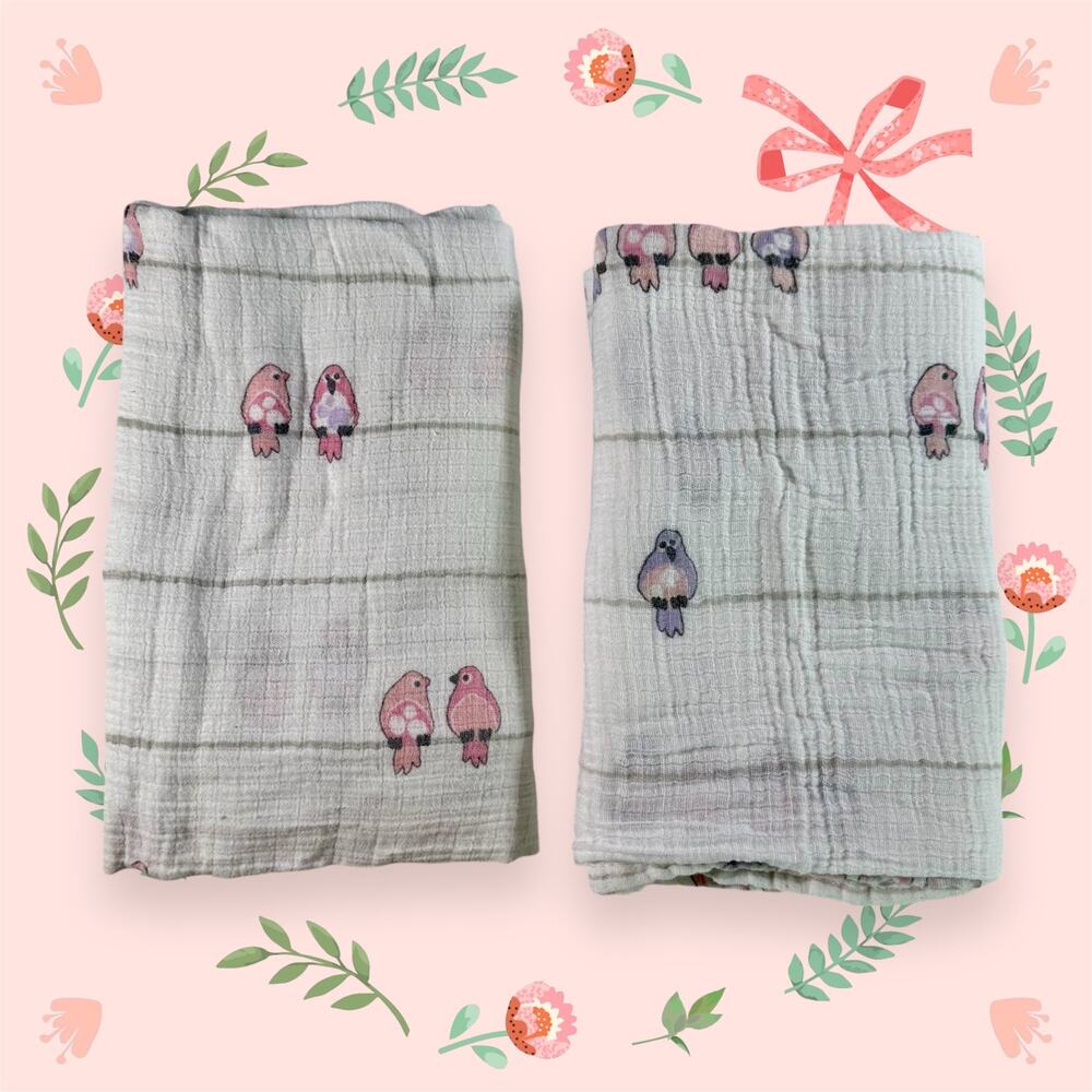 Aden + Anais Set 2 Cotton Muslin White Pink Purple Birds Swaddler Baby Blankets